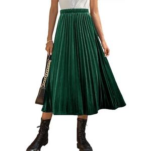 HERBATOMIA Women’s High Elastic Waist Skirt Pleated A Line Swings Midi Velvet Skirts for Women,S