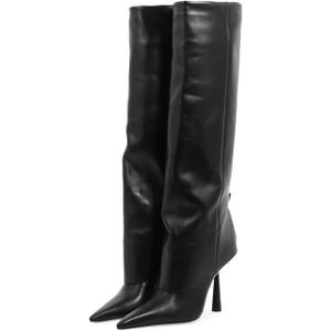 Vertundy Women's Fold Over Boots - Pointed Toe Stiletto Heel Slip On Knee High Boot Fashion Sexy Dress Boot (8, Black)