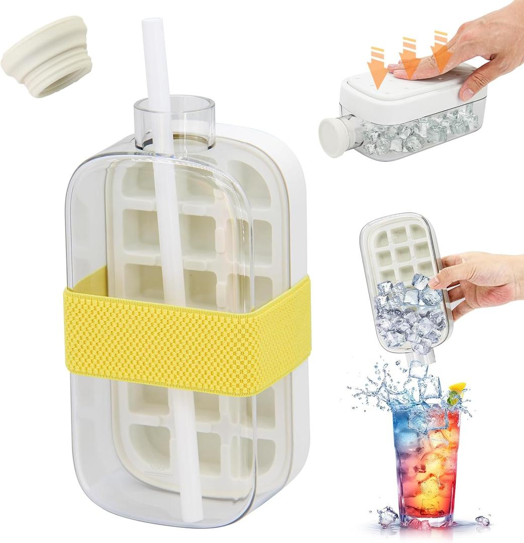 Ice Cube Bottle Cool Summer ice Bottle Cup800ml 2-in-1 zero Touch Press ice cube mold Easy Press to Release Vertical Ice Tray for Freezer (white)