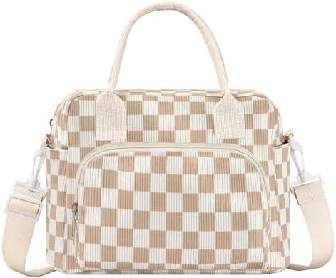 OYLOLA Lunch Bag Women Lunch Box for Women Adult Cute Insulated Lunch Bag Lager Cooler Lunch Tote Bags for Work Picnic (Beige-Brown Plaid)