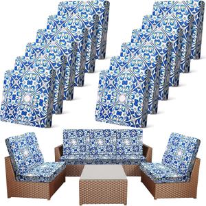 Newwiee 12 Pcs Patio Cushion Covers Outdoor Stretch Sofa Couch Cover Replacement Couch Slipcover Sofa Seat Chair Porch Patio Furniture Protector, Flexibility Washable(Blue Series,Retro)