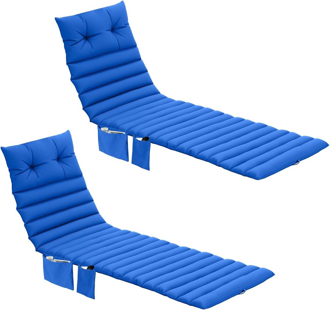 Kigley Outdoor Lounge Chair Cushions Set of 2, 72.8 x 24 x 2.3 Inch Patio Chaise Lounge Cushion with 3 Side Pockets Non-Slip Buckles, Fade and Water-Resistant Poolside Recliner Pads(Blue)