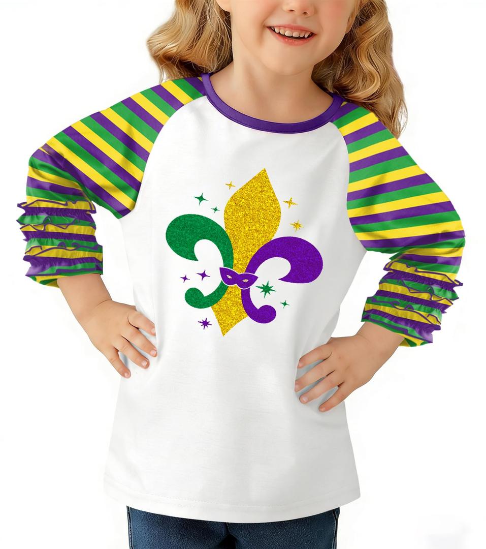 BesserBay Girls Adorable Cute Fleur-de-Lis Print 3/4 Sleeve Raglan Stripe Top White Purple Yellow Fat Tuesday Outfit 6 Years
