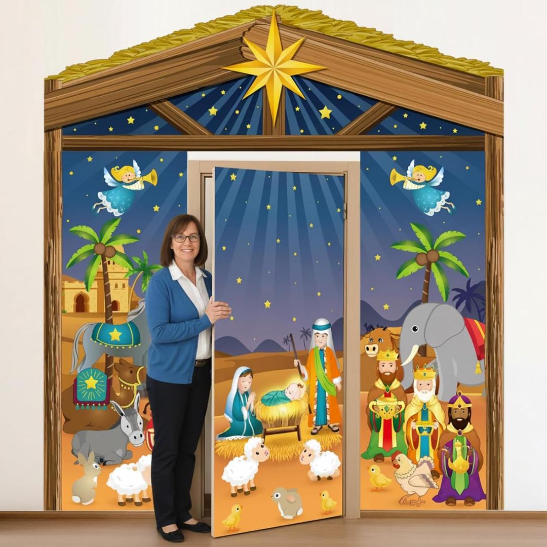 4 Pcs Christmas Nativity Scene Door Decorations Set Holiday Manger Door Covers Christmas Hanging Banners for Winter Holiday Classroom Church Party Photography Photo Backdrop(Nativity)