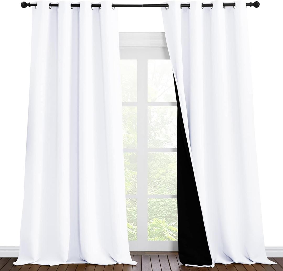 White 100% Blackout Curtains for Windows, Super Heavy-Duty Black Lined Total Darkness Drapes for Bedroom, Privacy Assured Window Treatment for Patio (Pack of 2, 55 inches W x 102 inches L)