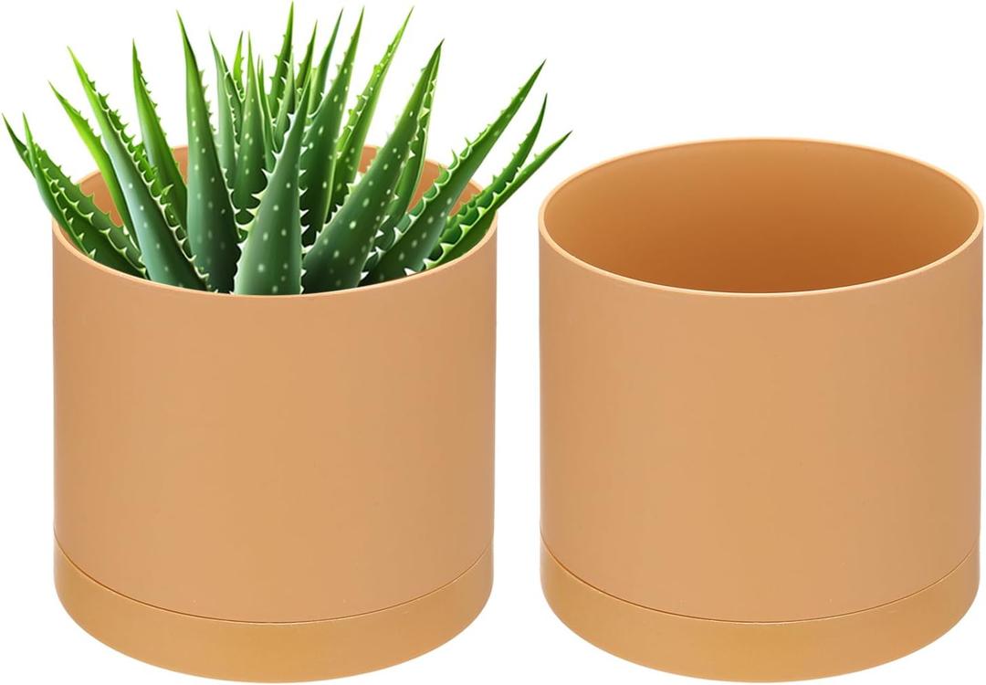 PATIKIL 5 Inch/12.5cm Plastic Plant Pots, 2 Pack Small Flower Pot Planters with Drainage Holes and Saucer for Home Decor Indoor Plants, Orange
