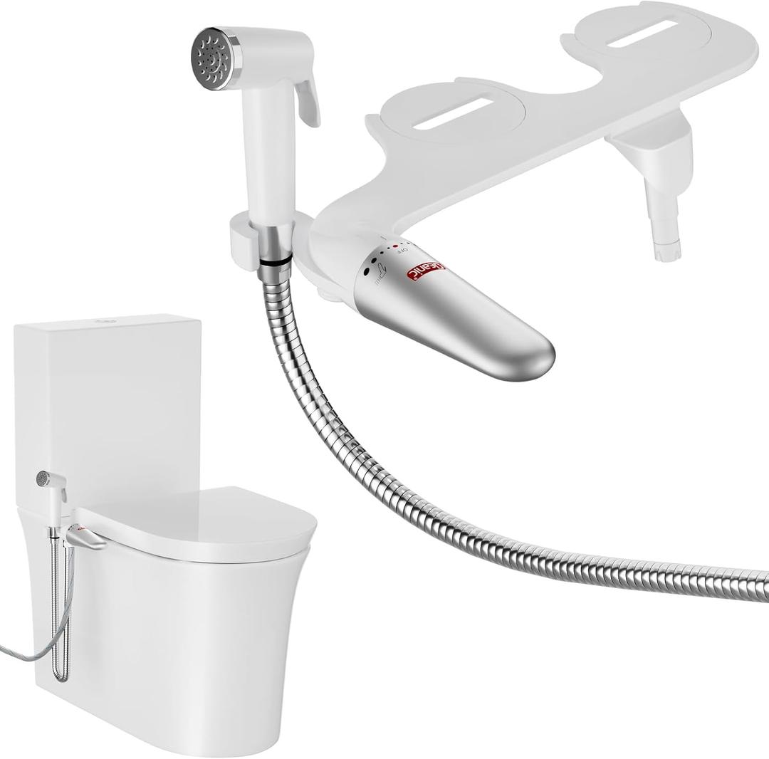 DEANIC 2-in-1 Bidet Attachment with Handheld Bath Bidet Sprayer, Ultra-Slim Adjustable Water Pressure Nozzle, Cold Water Non Electric Hand Sprayer for Toilet Seat (Sliver White)