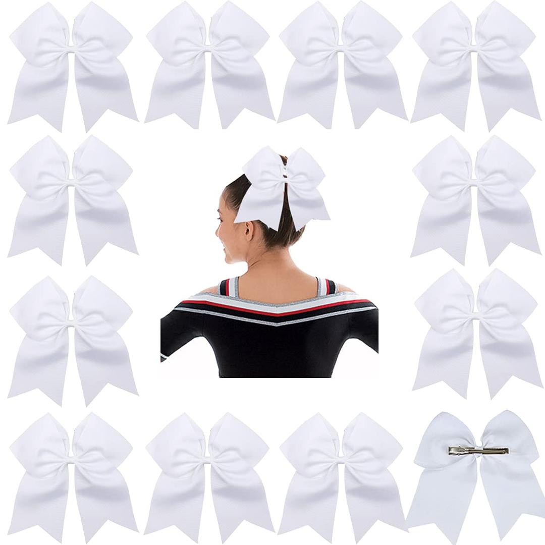 Hipheer 12Pcs 8" Large cheer bows with alligator clips for Teen Girls Softball Cheerleader Sports (White)