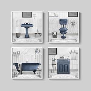 Framed Bathroom Wall Art Decor, Set of 4 Modern Blue Canvas Prints Painting Artwork for Walls, 4 Piece Restroom Accessories Bath Tub Toilet Pictures for Bathroom Wall Decor 12x12 inch