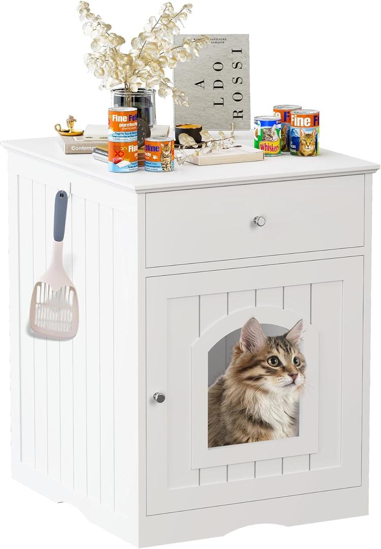 Litter Box Enclosure, Hidden Cat Litter Box Cabinet with Drawer, Wooden Pet Crate, Litter Box Furniture as Cat House, End Table, Fit Most of Litter Box (White) Litter Box Enclosure, Hidden Cat Litter Box Cabinet with Drawer, Wooden Pet Crate, Litter Box Furniture as Cat House, End Table, Fit Most of Litter Box (White)