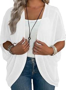Eytino Women Plus Size Lightweight Cardigan Half Sleeve Knitted Summer Kimono Cover Up Tops Resort Wear, 3X White