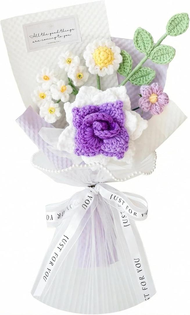 Handmade Crochet Rose Daisy as a Gift for Lover, Family,Friends. Crochet Bouquet, Crocheted Yarn Flowers, Artificial Flower Finished Bouquet (Purple)