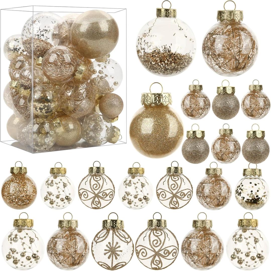 Christmas Ornaments Set, 30ct Clear Champagne Christmas Ornaments for Christmas Decoration Large Shatterproof Plastic Balls Xmas Tree Ornaments for Home Decor Wedding Party Gifts- Multi-Size