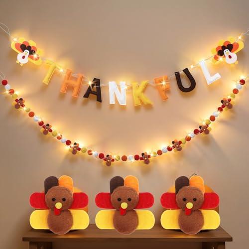 Hunnmingre Thankful Banner Set 3D Felt Thanksgiving Garland with LED String Lights, Hanging Fall Decor for Home, Party, Mantel, Front Door, Window, Wall (Turkey)