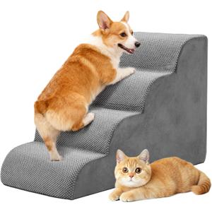 DUMOS Dog Stairs Ramp for Small Dogs and Cats, 4-Step Curved Pet Dog Steps with High-Density Foam for Puppy and Older Cats, Indoor Non-Slip Pet Ladder Ramp Stairs for Couch, High Beds, Sofa, Car, Grey (Round-19.69"Height)