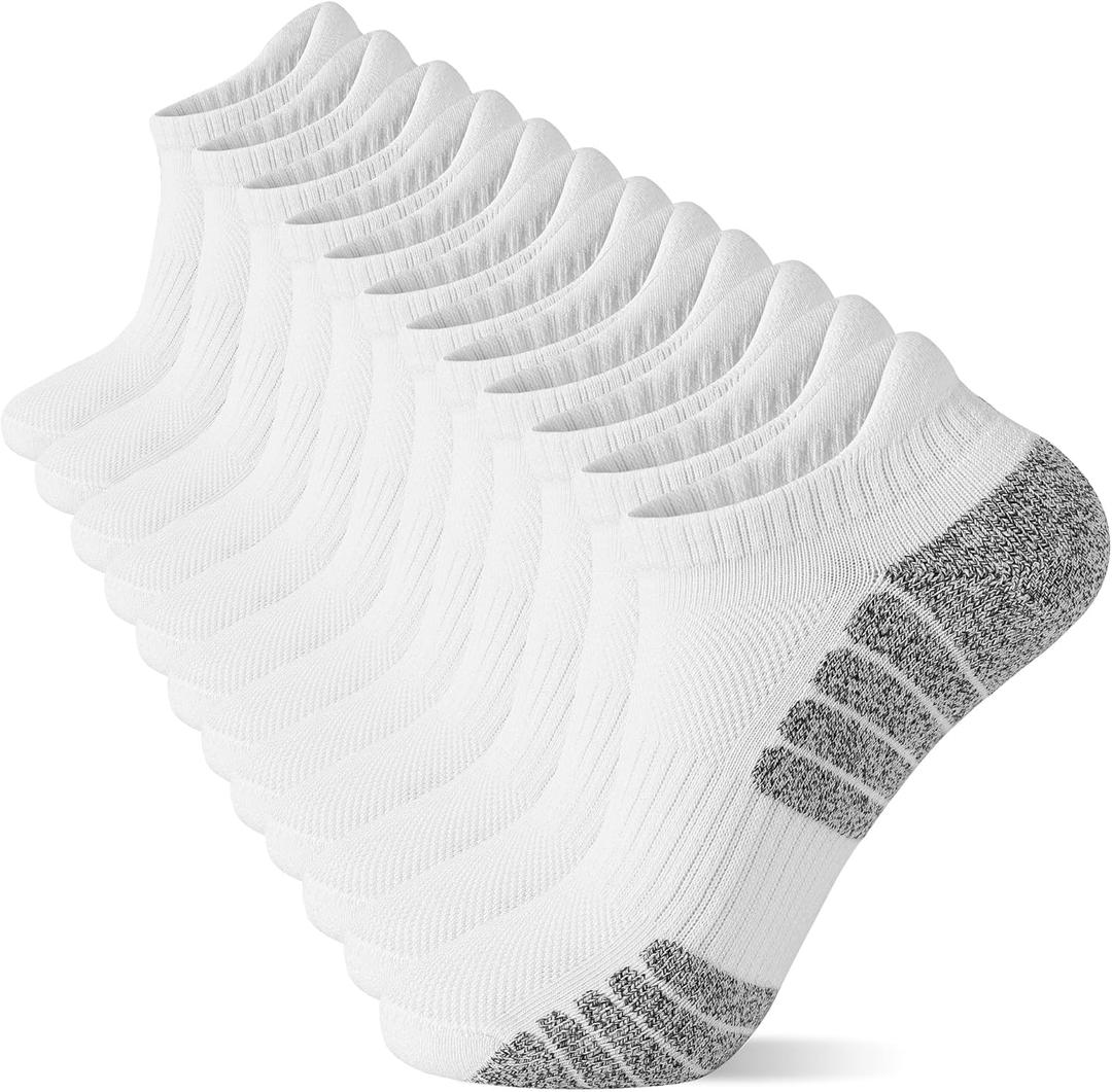 Cotton Cushioned Low Cut Running Socks for Men & Women, Ankle Socks White 6 Pairs Arch Support Breathable (White)