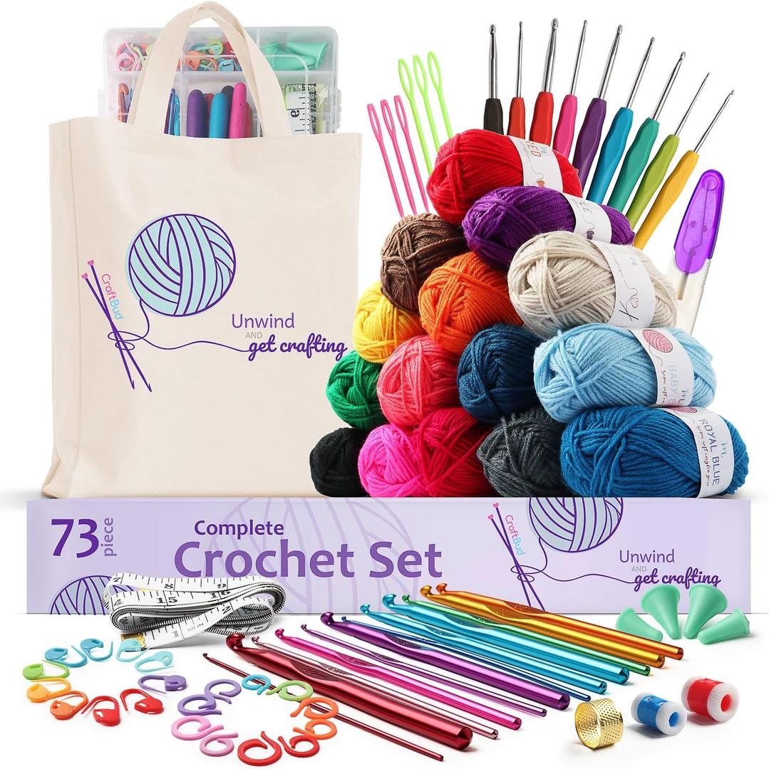 73 Piece Crochet Kit for Beginners Adults and Kids, Premium Crochet Set with 21 Crochet Hooks Set and 1500 Yards of Yarn for Crocheting Kit, Canvas Tote Bag and Lots More