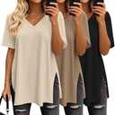 Huukeay 3 Pack Oversized Shirts for Women V Neck Workout T Shirt Casual Side Split Tee Short Sleeve Loose Tops Tunic Tops XL