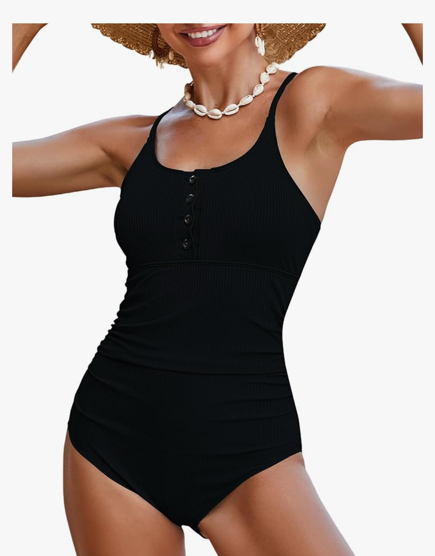 Womens One Piece Swimsuits Sports Adjustable Strap Tummy Control Bathing Suit Button Up Ribbed Swimwear S/M