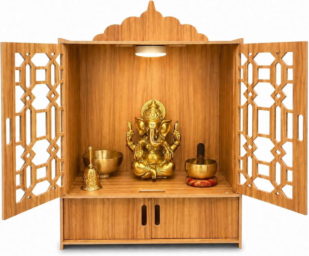 Wooden Pooja Mandir for Home with Doors - Temple Cabinet with LED Light and Storage Shelf for Hindu Worship, Living Room, Bedroom, Office