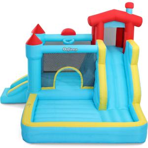 Outfunny Inflatable Bounce House, Kids Bouncy House for Boys 3-12 with Slide, Outdoor & Indoor, 450W Blower - 
Sky Blue