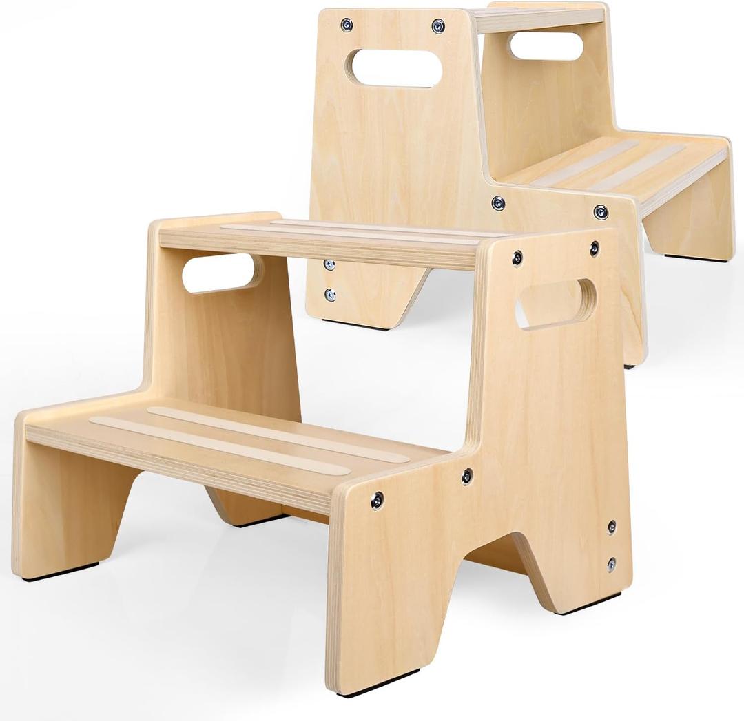 Toddler Step Stool, 2-Pack Wooden 2-Step Stool for Kids with Anti-Slip Surface and Pads for Bathroom, Kitchen, Bed, Toilet, and Potty Training