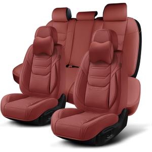 Wine Red Car Seat Covers Full Set, Breathable Leather Automotive Front and Rear Seat Covers & Headrest for Comfortable Driving, Universal Auto Interior Fit for Most Kinds of Vehicles, Cars