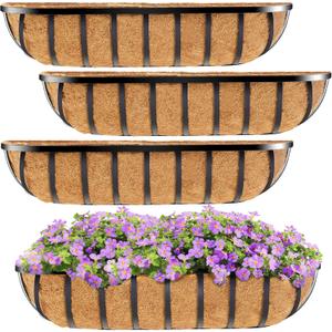 HFHOME 30" Window Box Deck Railing Planter with Horse Trough Coco Liners, Black Metal Hanging Flower Planters Baskets for Indoor, Outdoor, Balcony, Porch, Fence, Patio, and Lawn (Set of 4)