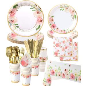 Luxury Floral Paper Plates and Napkins Party Supplies - Serves 16 - Pink and Gold Flower Decoration for Floral Baby Shower Bridal Shower Tea Party Birthday