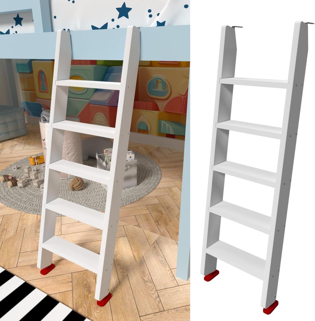 55" White Wood Bunk Bed Ladder, Lofted/Dorm/RV Bed Bunkbed Ladders with 4in Extra Wide Steps and Non-Slip Pads, Replacement Wooden Ladder for Motorhome/Camping (White, 55in /140cm)