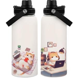 Cats Water Bottle 32oz, Cat Lover Gifts Travel Stainless Steel Tumbler, Keeps Drinks Cold & Hot, Double Wall Vacuum Insulated Coffee Cup, Christmas Birthday Cat Themed Gift for Cats Lover Women