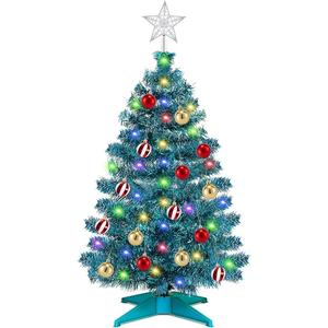[ Timer & 12 Modes ] 3 Ft Blue Christmas Tree with DIY 50 Warm White & Multi Color Lights 15 Ball Ornaments 3D Star Remote Control Battery Operated Pencil Full Tree Xmas Christmas Decorations Table