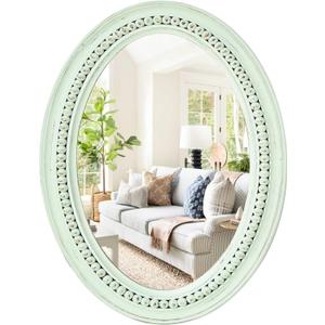 H HOMEWINS Oval Wood Rustic Mirror,20x30 Wooden Oval Decorative Mirrors,Farmhouse Wall-Mounted Green Beads Decor Mirror for Bedroom, Bathroom, Living Room,Vanity