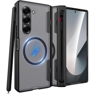 Miimall Magnetic for Samsung Galaxy Z Fold 6 Case with Screen Protector & S Pen Holder & Hinge Protection, Compatible with Magsafe, Matte Slim Thin Full Cover Bumper Phone Case for Z6 Fold6 5G Black