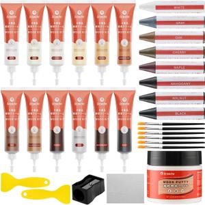 Wood Furniture Repair Kit 12 Colors, Wood Filler Putty with Filler Sticks Hardwood Laminate Floor Repair Kit, Restore Scratch, Cracks, Discoloration for Furniture, Door, Cabinet, Floor, Table (31PCS)