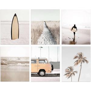 Beach Prints Wall Art Ocean Pictures Home Decor Set of 6 Retro Coastal Posters Tropical Palm Tree Van Surfboard Sandy Boardwalk Photos Unframed 8x10 inch (Vintage Coastline)