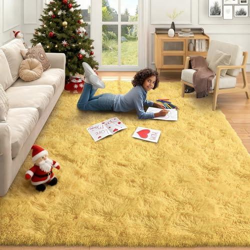 FinRèc Soft Yellow Rugs for Bedroom Living Room, 4x6 Feet Fluffy Shaggy Area Rug, Non-Slip Fuzzy Furry Shag Rug for Nursery Kids Room Dorm Room Home Decor, Indoor Plush Floor Carpet