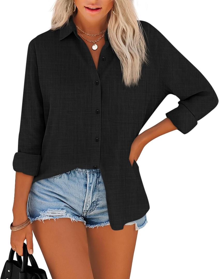 Diosun Womens Button Down Shirts Long Sleeve Cotton Stylish Gauze Tops Casual Loose Fit Blouses with Pocket (Yellow, M)