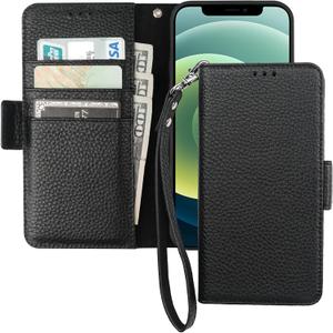 Bocasal Wallet Case for iPhone 12/12 Pro, Genuine Leather Support Wireless Charging RFID Blocking Flip Case Card Slots Holder, Kickstand Book Folding Folio Cover with Wrist Strap 6.1 Inch (Black)