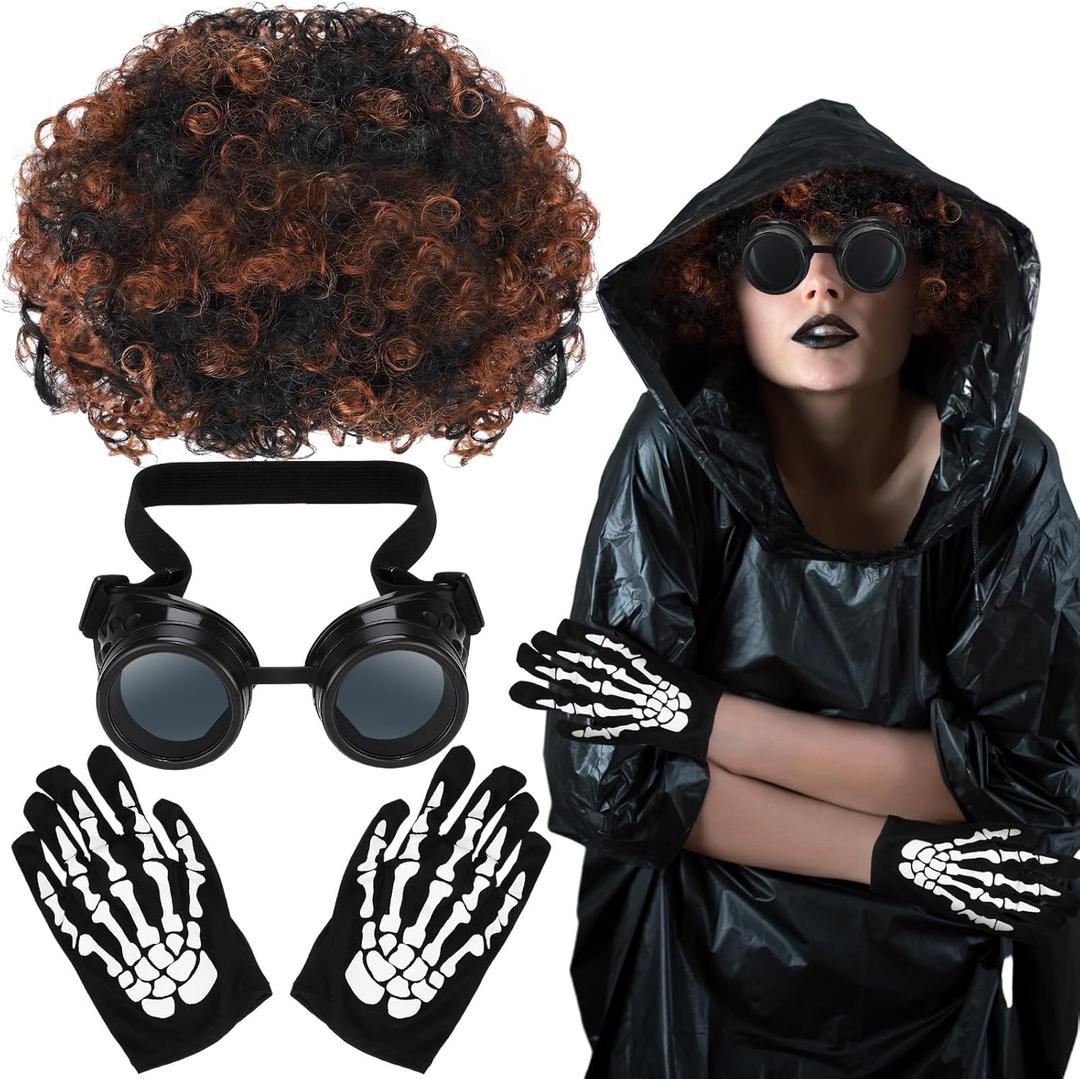 3 Pcs Halloween Costume Accessories Adult with Goggles Glasses, Short Curly and Skeleton Gloves for Halloween Cosplay Party Accessories Women Dress up (Black)