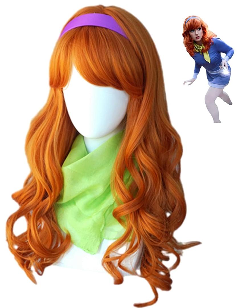 Orange Red wig for Women Costumes,dap costume wig 24inches long wavy ginger red one set wigs with headpiece and scarf for women halloween costume (one set)