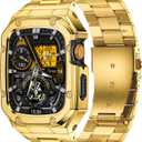 BAITEYOU Stainless Steel Watch Band with Case Compatible with Apple Watch Series 9 8 7 (45mm), Rugged Strap with Metal Protective Bumper Cover for iWatch Bands Men (Gold)