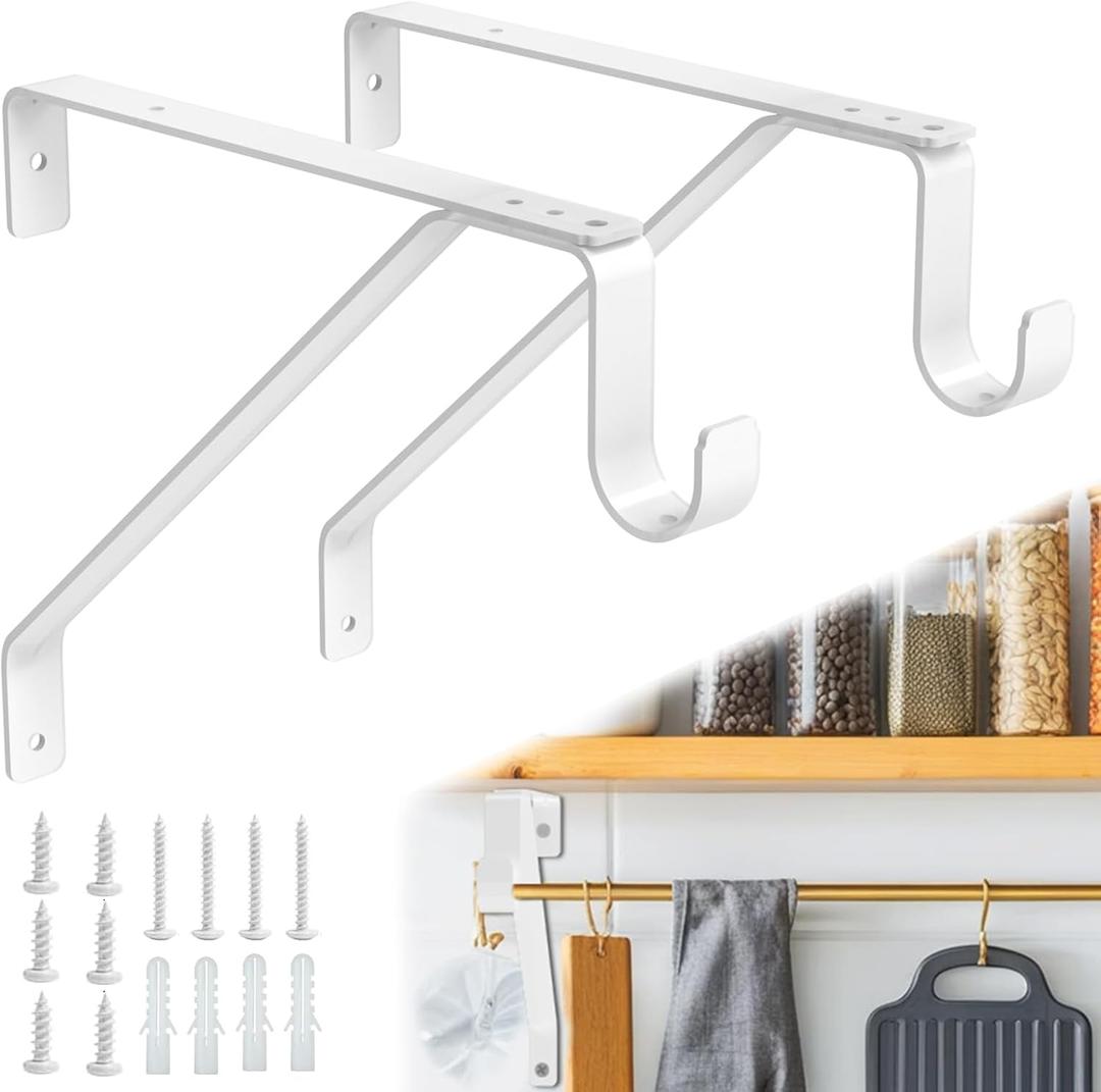 Pisman 10 Inch Heavy Duty Closet Rod Bracket Adjustable 2-Pack, Closet Rod Support with Shelf Bracket and Rod Holders - White Steel Clothes Hanger for Bedroom, Laundry Room Storage