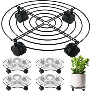5 Packs 15.8 Inches Metal Plant Caddy with Wheels Extra-large Rolling Plant Stands Heavy-duty Wrought Iron Plant Roller Base Pot Movers Indoor Outdoor Plant Dolly with Casters Planter Tray Coaster (Black)