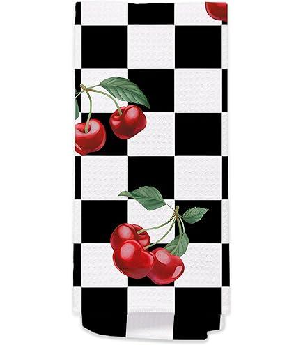 Cherry Hand Towels for Kitchen Bathroom - Retro Black and White Checkered Decorative Dish Tea Towels, Retro Plaid Cherry Kitchen Decor Accessories, Cherries Themed Housewarming Gifts New Home Idea