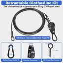 TooTaci 15ft Outdoor Clothesline Kit, 3/16" Black PVC Coated Wire Rope Portable Retractable Clothes Line Kit with Self-Locking Pulley, Screw Hook & Snap Hook for Camping, Backyard, RV, Travel
