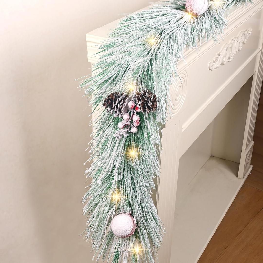 Christmas Garland with Lights, 6FT Artificial Light Green Snowflake Garland Decorations with Red Berries Pine Cones, Lighted Christmas Garland for Home Winter Fireplace Door Stairs Decorations