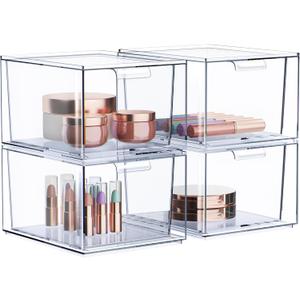 Sorbus Clear Stackable Storage Drawers - 4 Pack Acrylic Drawer Organizer for Vanity, Bathroom Makeup Organizer, Kitchen Cabinets, Undersink - Plastic Storage Bins for Home Organization and Storage