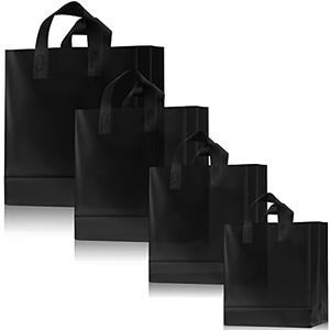 Weewooday 100 Pcs Frosted Plastic Gift Bags with Handles for Small Business Clear Shopping Bags with Cardboard Bottom, 4 Sizes (Black)