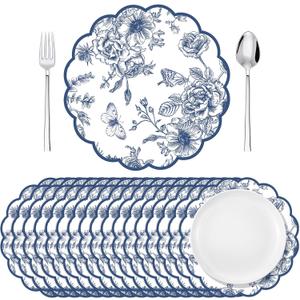 Supervitae 60 Pieces Blue Floral Paper Placemats Chinoiserie Place Mats 13.5 Inch Scalloped Blue Flower Disposable Placemats for Dinner Table Wedding Baby Shower Birthday Party Supplies